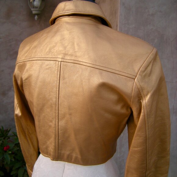 CACHE Gold Leather Cropped Sexy Little Zippered Moto Jacket - S - Picture 3 of 9